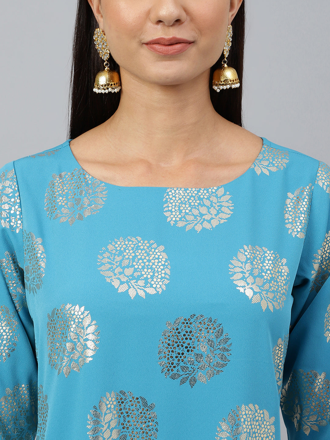 Janasya Women's Sky Blue Crepe Foil Print Casual Straight Kurta | Swadesiicart