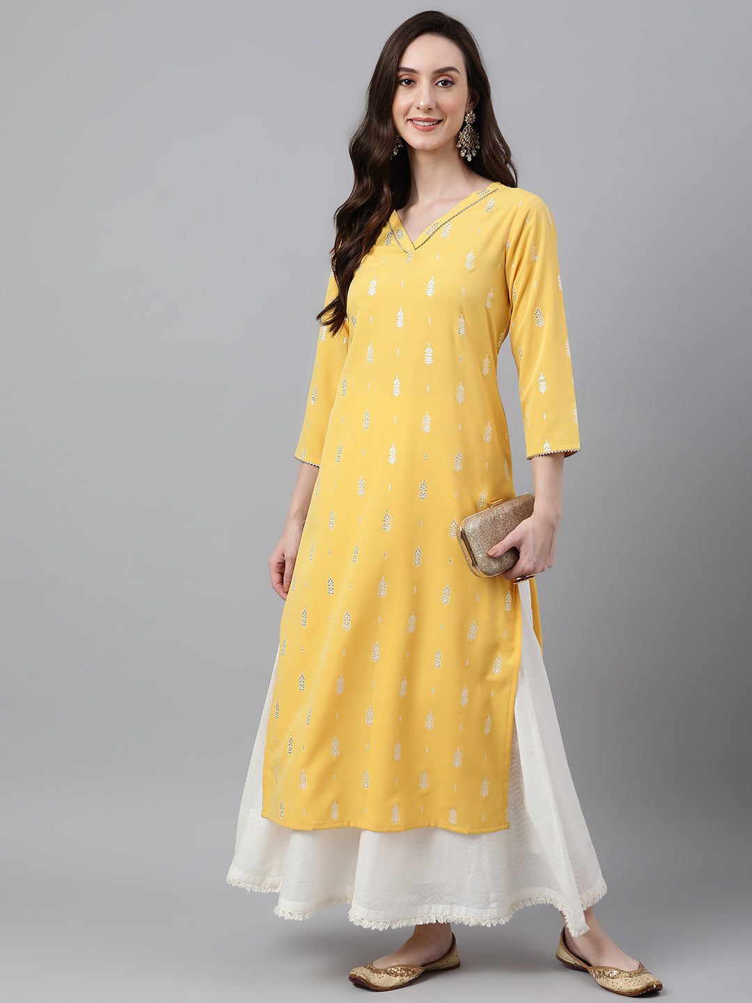 Janasya Women's Mustard Crepe Foil Print Casual Straight Kurta | Swadesiicart