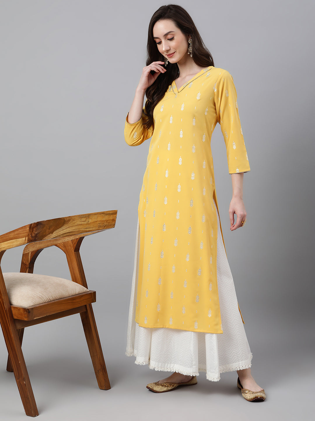 Janasya Women's Mustard Crepe Foil Print Casual Straight Kurta | Swadesiicart