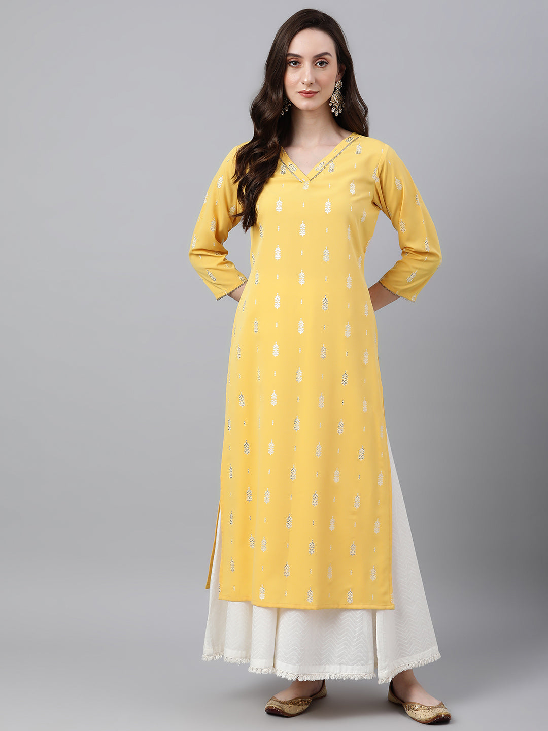 Janasya Women's Mustard Crepe Foil Print Casual Straight Kurta | Swadesiicart