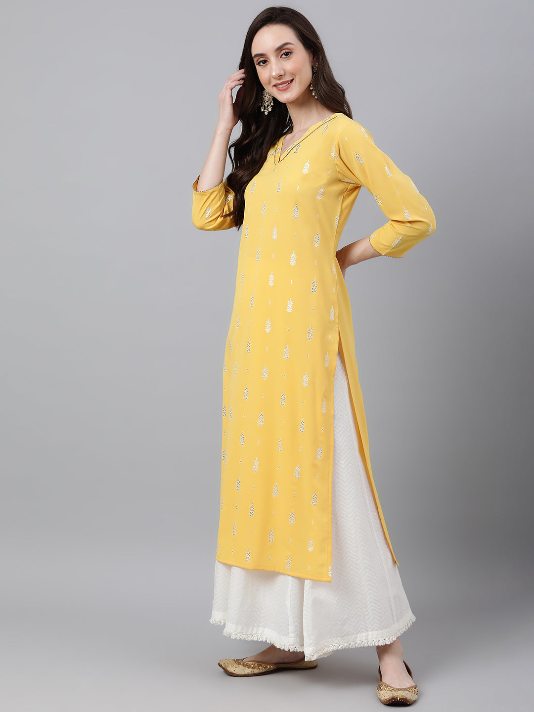 Janasya Women's Mustard Crepe Foil Print Casual Straight Kurta | Swadesiicart