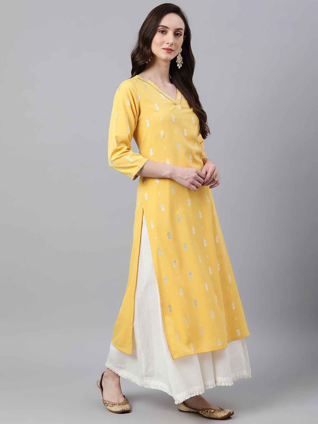 Janasya Women's Mustard Crepe Foil Print Casual Straight Kurta | Swadesiicart