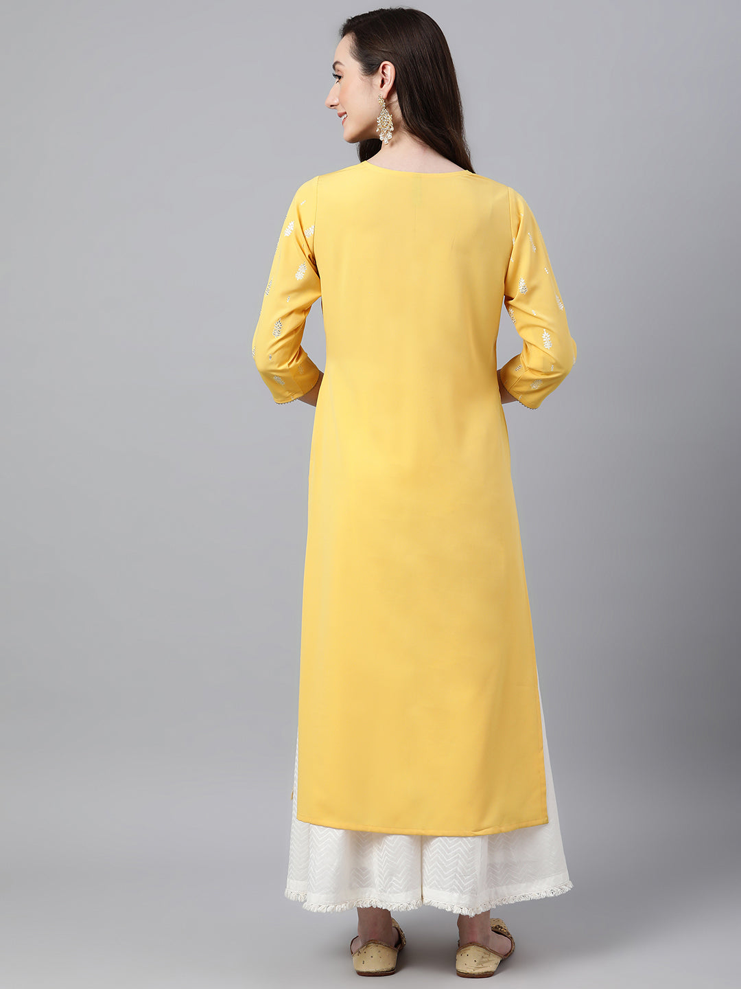 Janasya Women's Mustard Crepe Foil Print Casual Straight Kurta | Swadesiicart