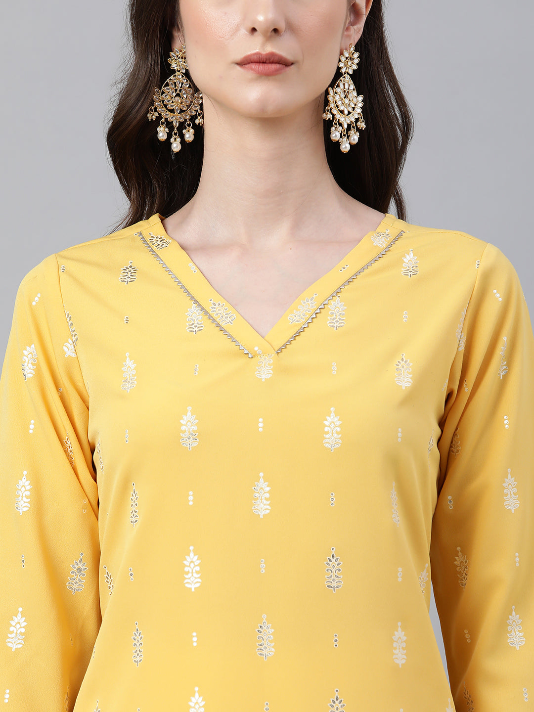 Janasya Women's Mustard Crepe Foil Print Casual Straight Kurta | Swadesiicart