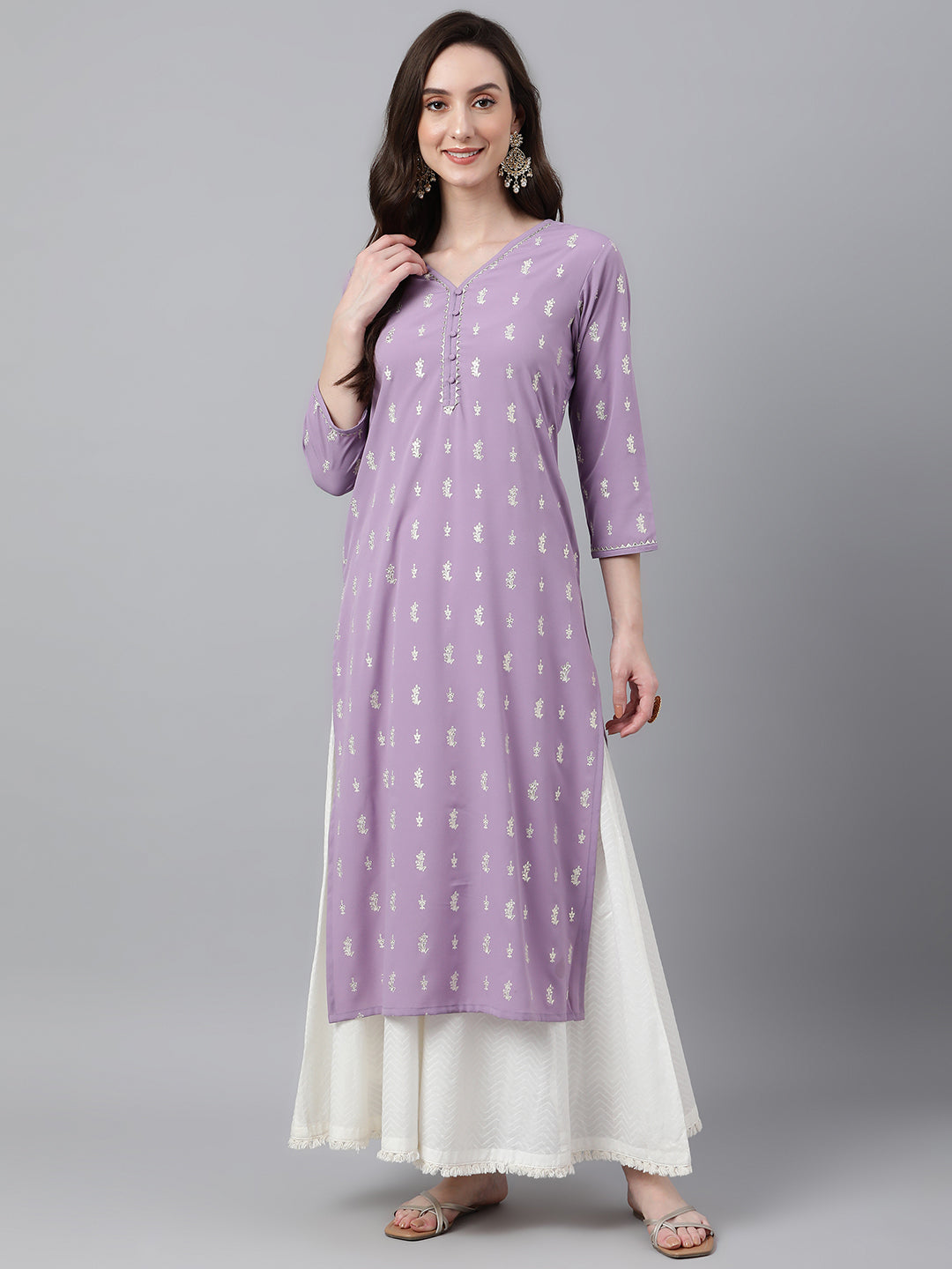 Indian Clothing Janasya Women's Lavender Crepe Foil Print Casual Straight Kurta | Swadesiicart