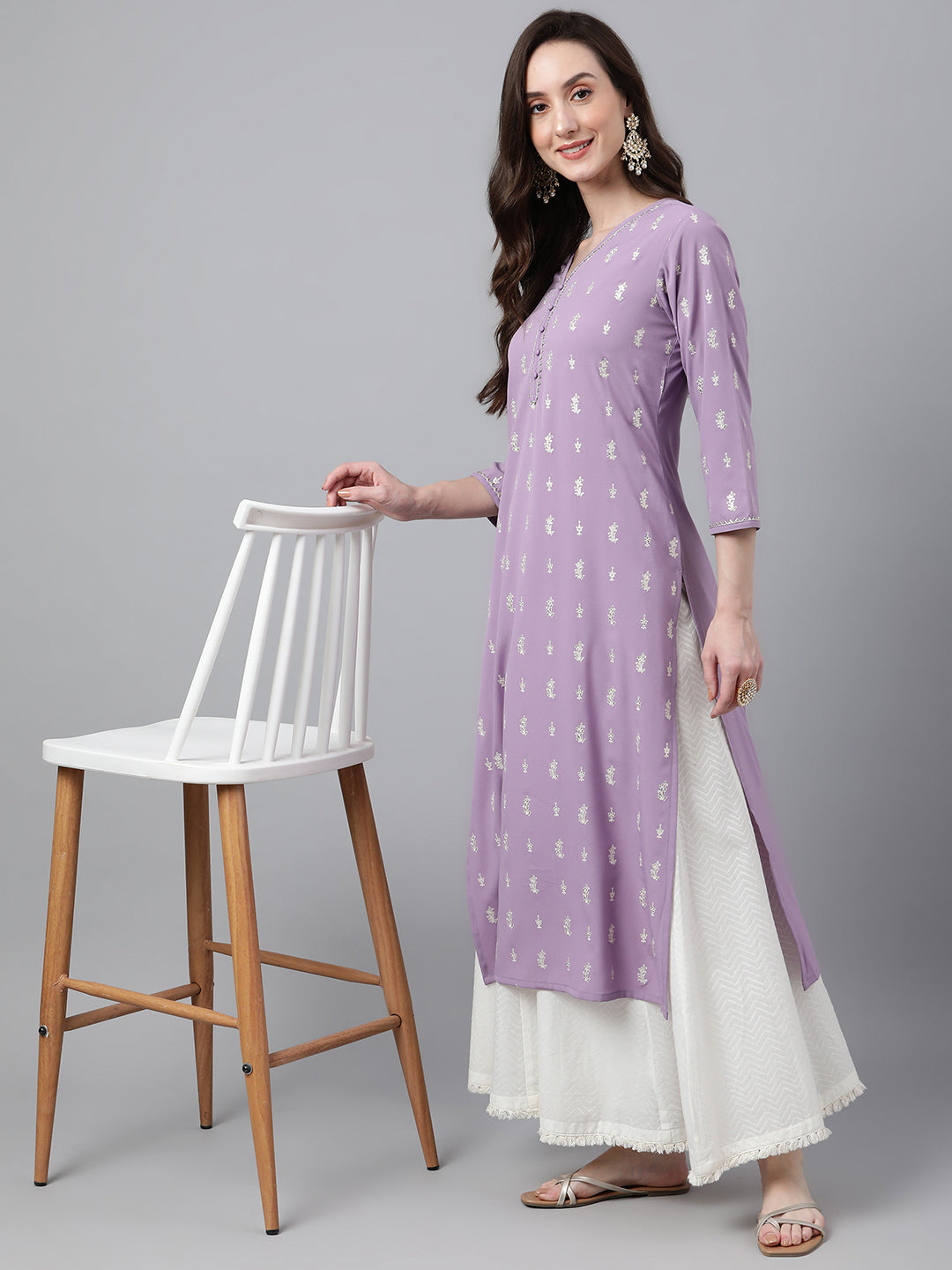 Indian Clothing Janasya Women's Lavender Crepe Foil Print Casual Straight Kurta | Swadesiicart