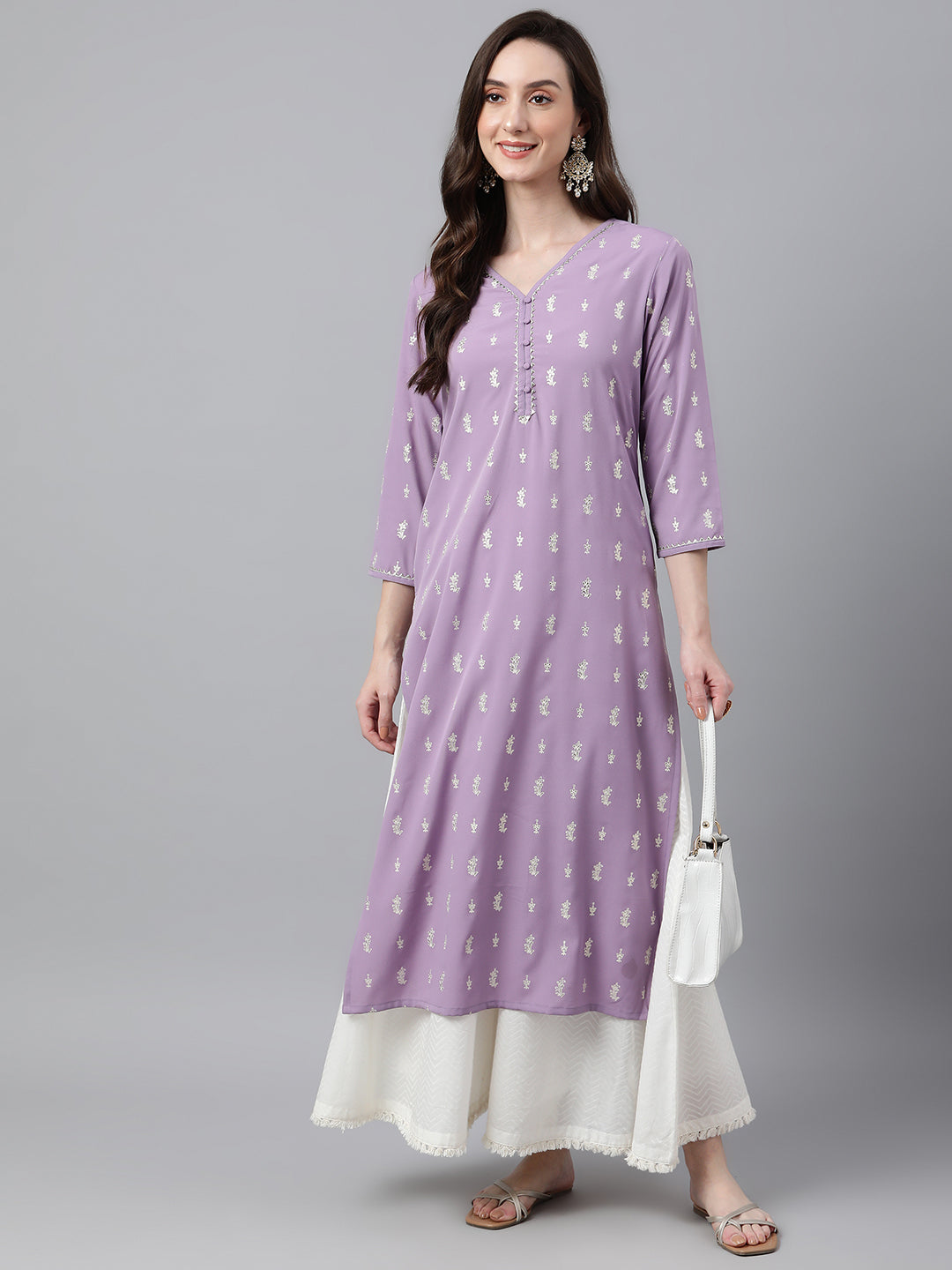 Indian Clothing Janasya Women's Lavender Crepe Foil Print Casual Straight Kurta | Swadesiicart