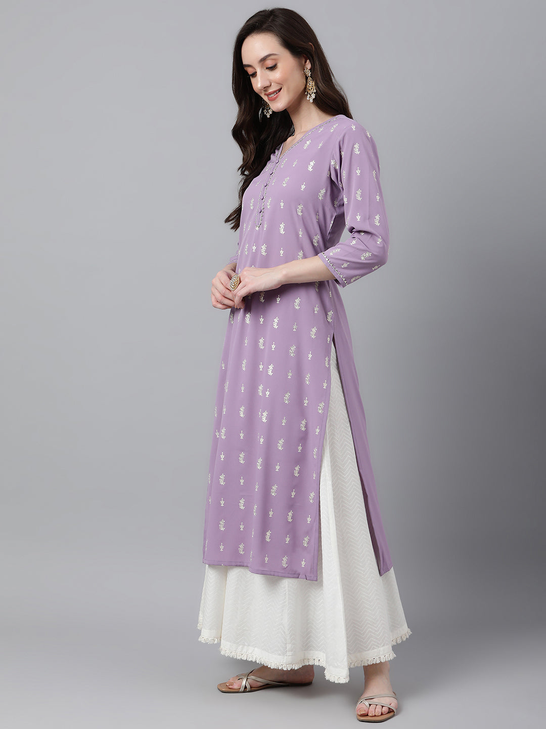 Indian Clothing Janasya Women's Lavender Crepe Foil Print Casual Straight Kurta | Swadesiicart