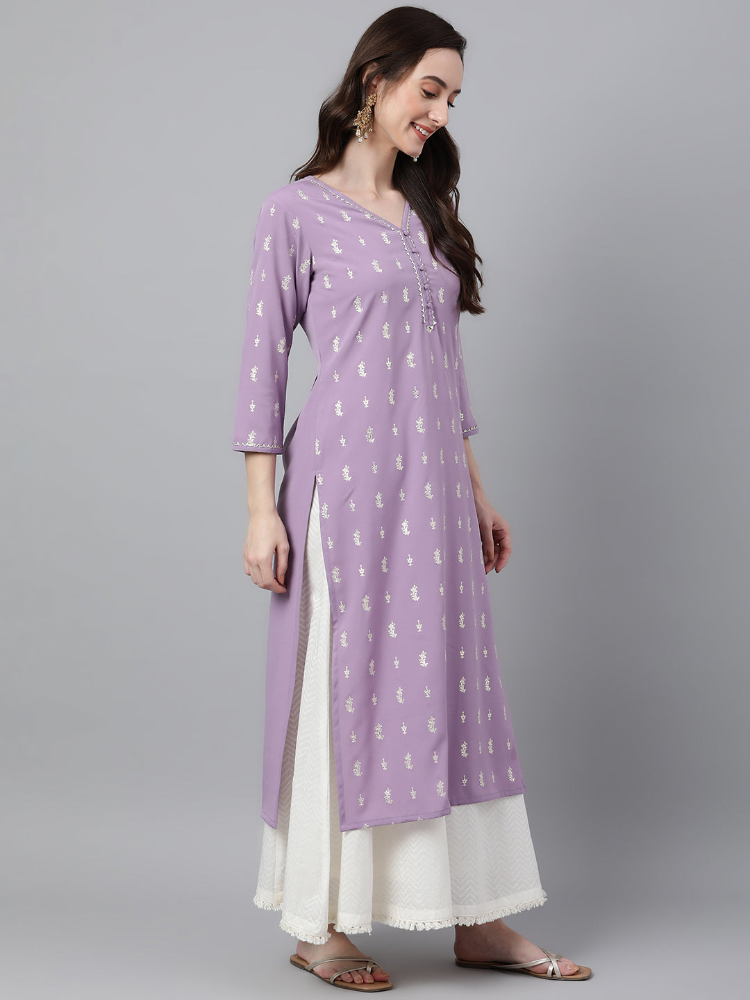 Indian Clothing Janasya Women's Lavender Crepe Foil Print Casual Straight Kurta | Swadesiicart
