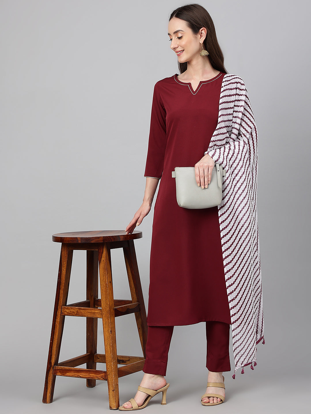 Janasya Women's Maroon Crepe Solid Straight Festival Kurta Set | Swadesiicart