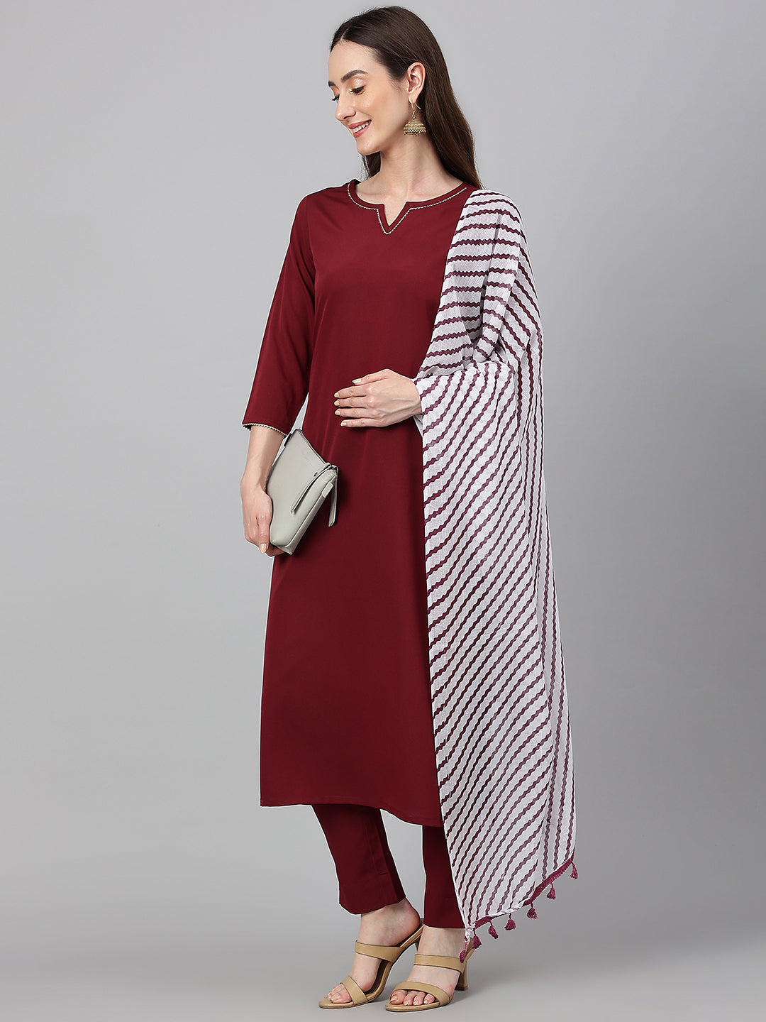 Janasya Women's Maroon Crepe Solid Straight Festival Kurta Set | Swadesiicart
