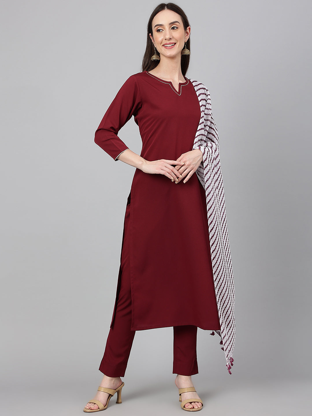 Janasya Women's Maroon Crepe Solid Straight Festival Kurta Set | Swadesiicart