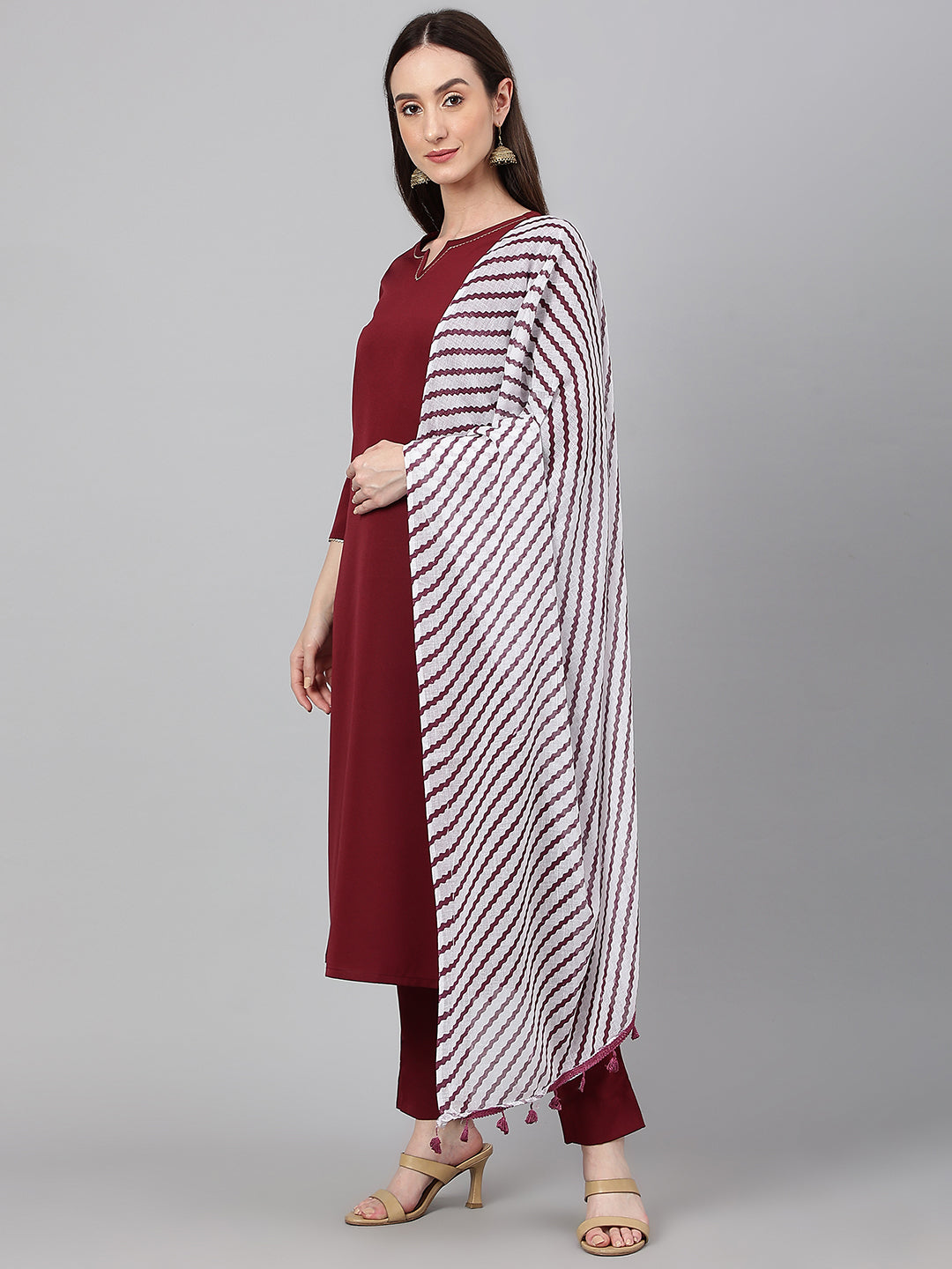 Janasya Women's Maroon Crepe Solid Straight Festival Kurta Set | Swadesiicart