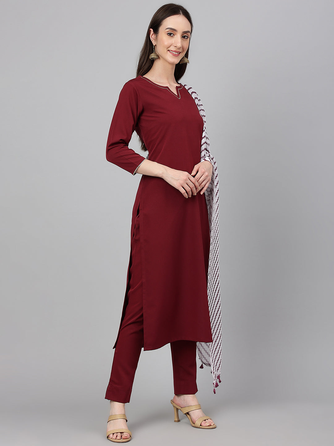 Janasya Women's Maroon Crepe Solid Straight Festival Kurta Set | Swadesiicart