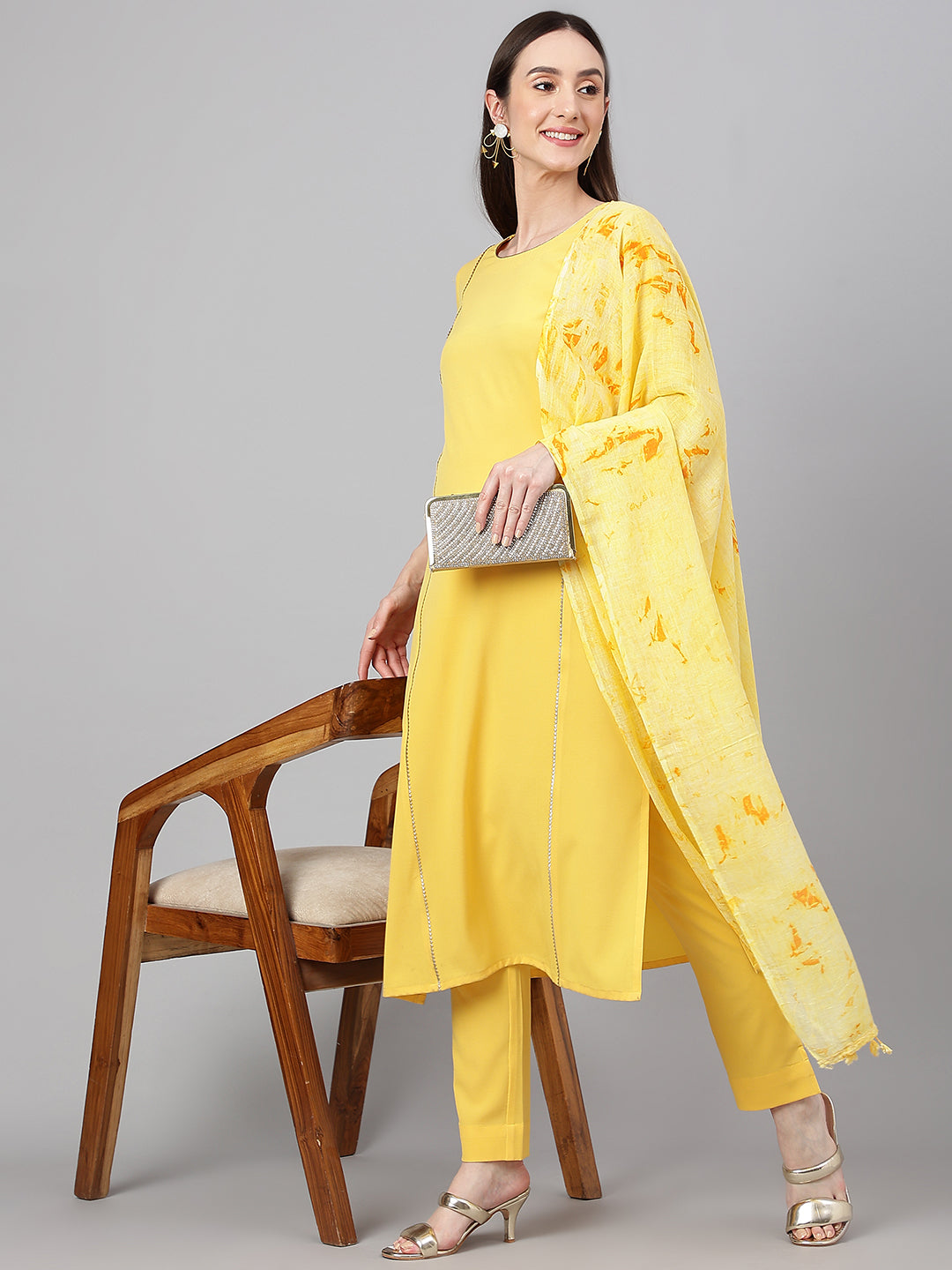 Janasya Women's Yellow Crepe Solid Straight Festival Kurta Set | Swadesiicart