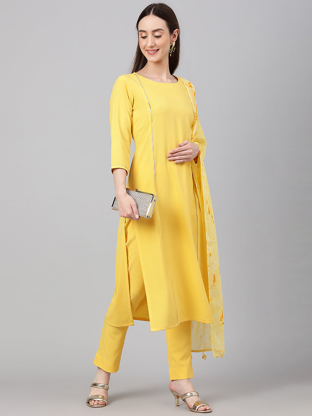 Janasya Women's Yellow Crepe Solid Straight Festival Kurta Set | Swadesiicart