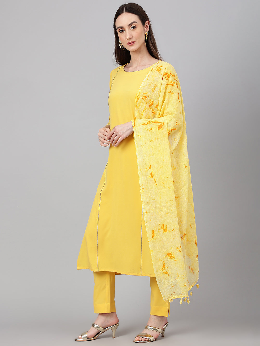 Janasya Women's Yellow Crepe Solid Straight Festival Kurta Set | Swadesiicart