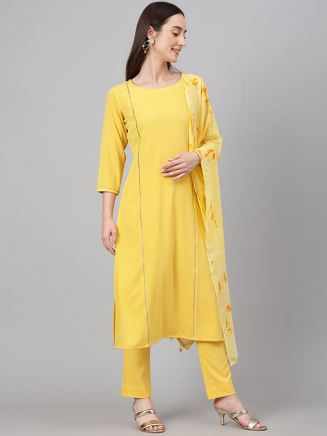 Janasya Women's Yellow Crepe Solid Straight Festival Kurta Set | Swadesiicart