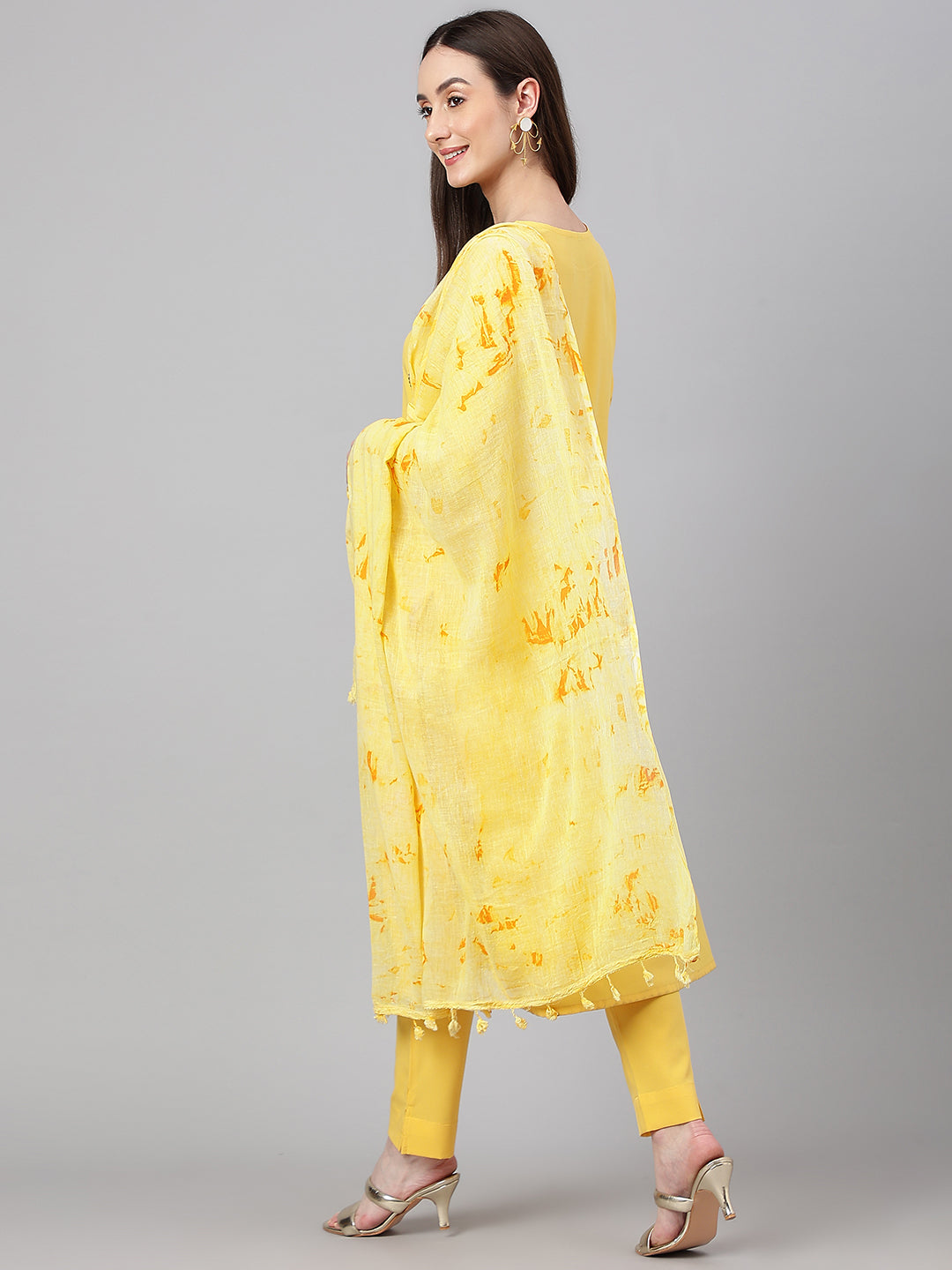 Janasya Women's Yellow Crepe Solid Straight Festival Kurta Set | Swadesiicart