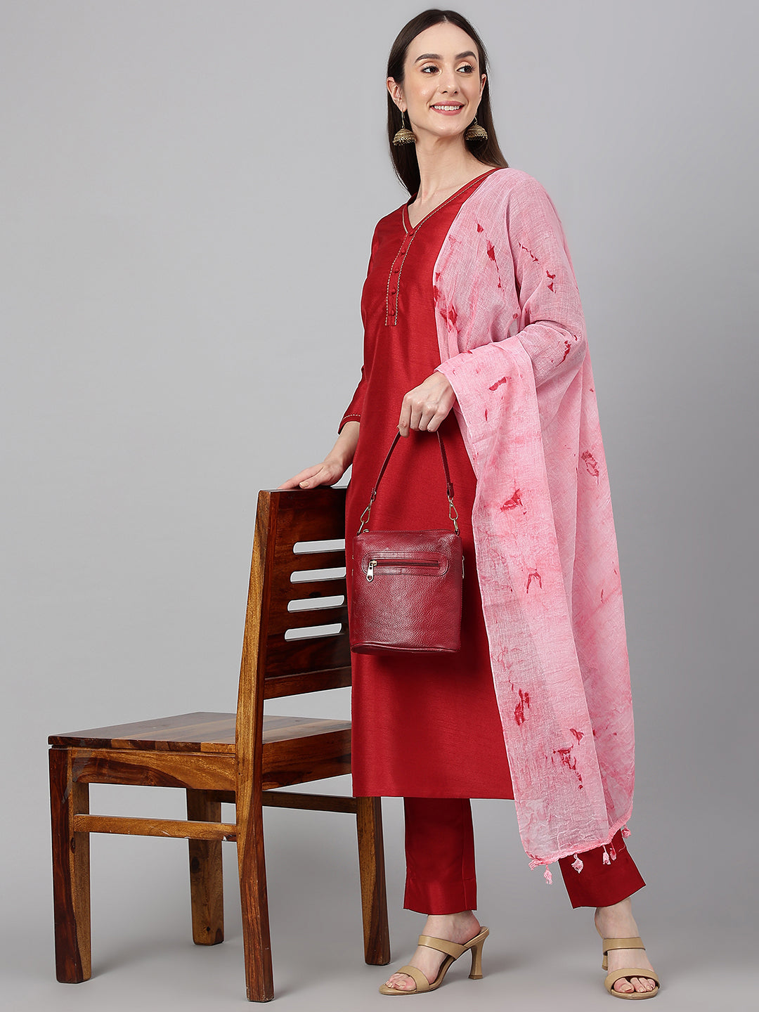 Janasya Women's Maroon Crepe Silk Solid Straight Festival Kurta Set | Swadesiicart