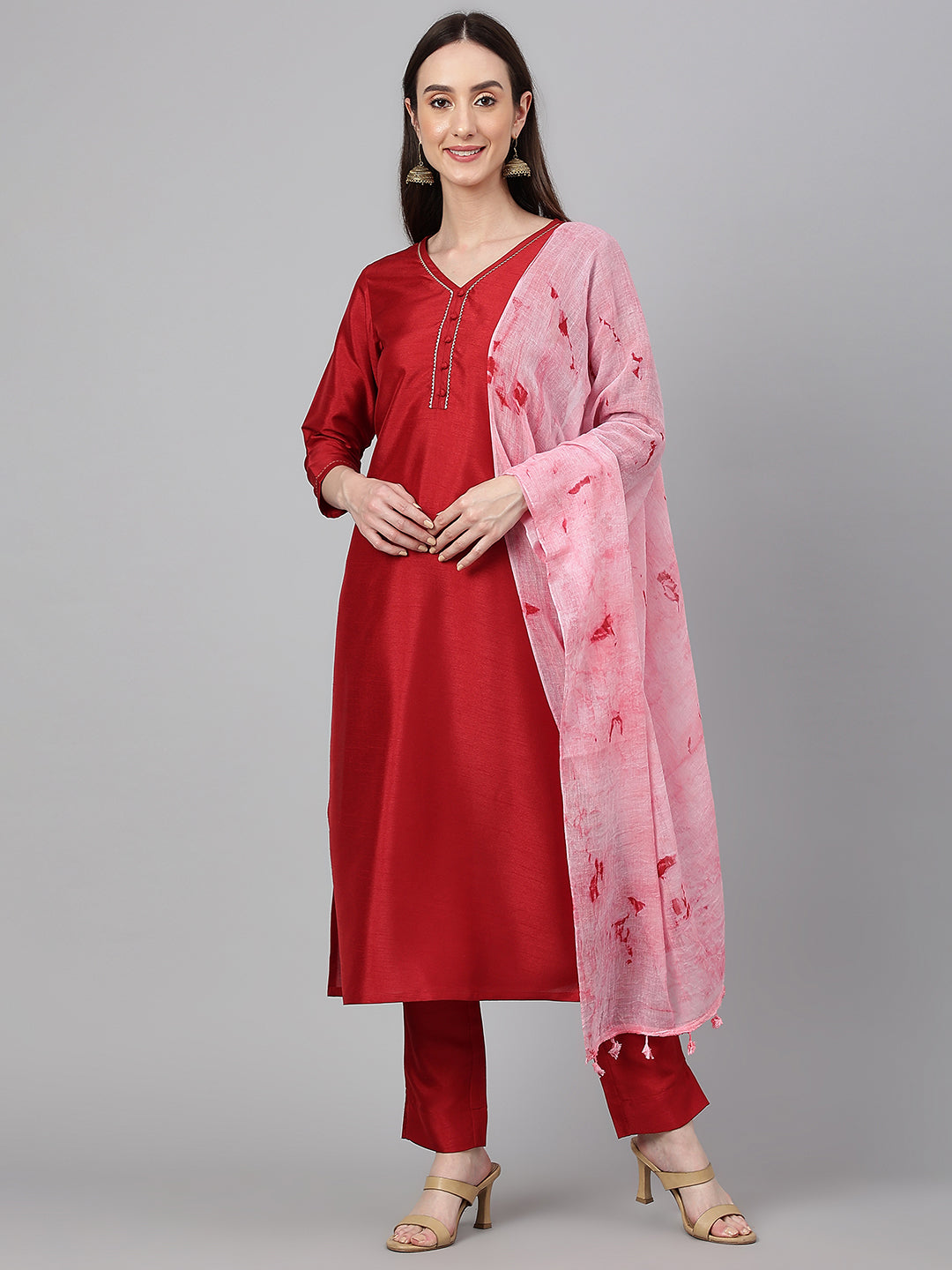 Janasya Women's Maroon Crepe Silk Solid Straight Festival Kurta Set | Swadesiicart