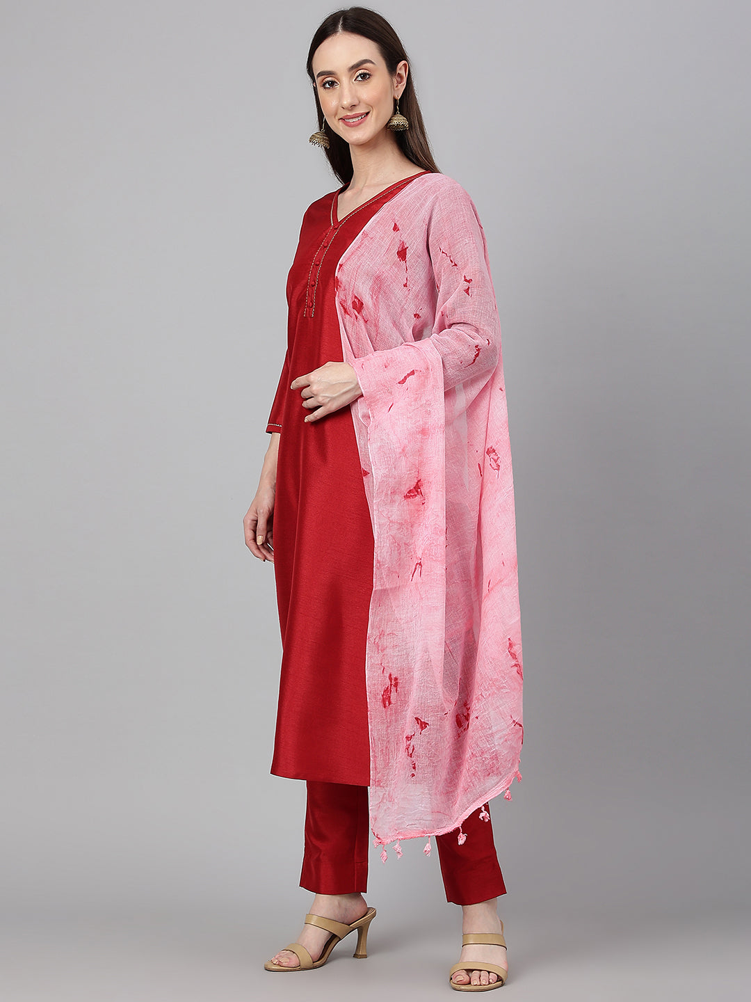 Janasya Women's Maroon Crepe Silk Solid Straight Festival Kurta Set | Swadesiicart