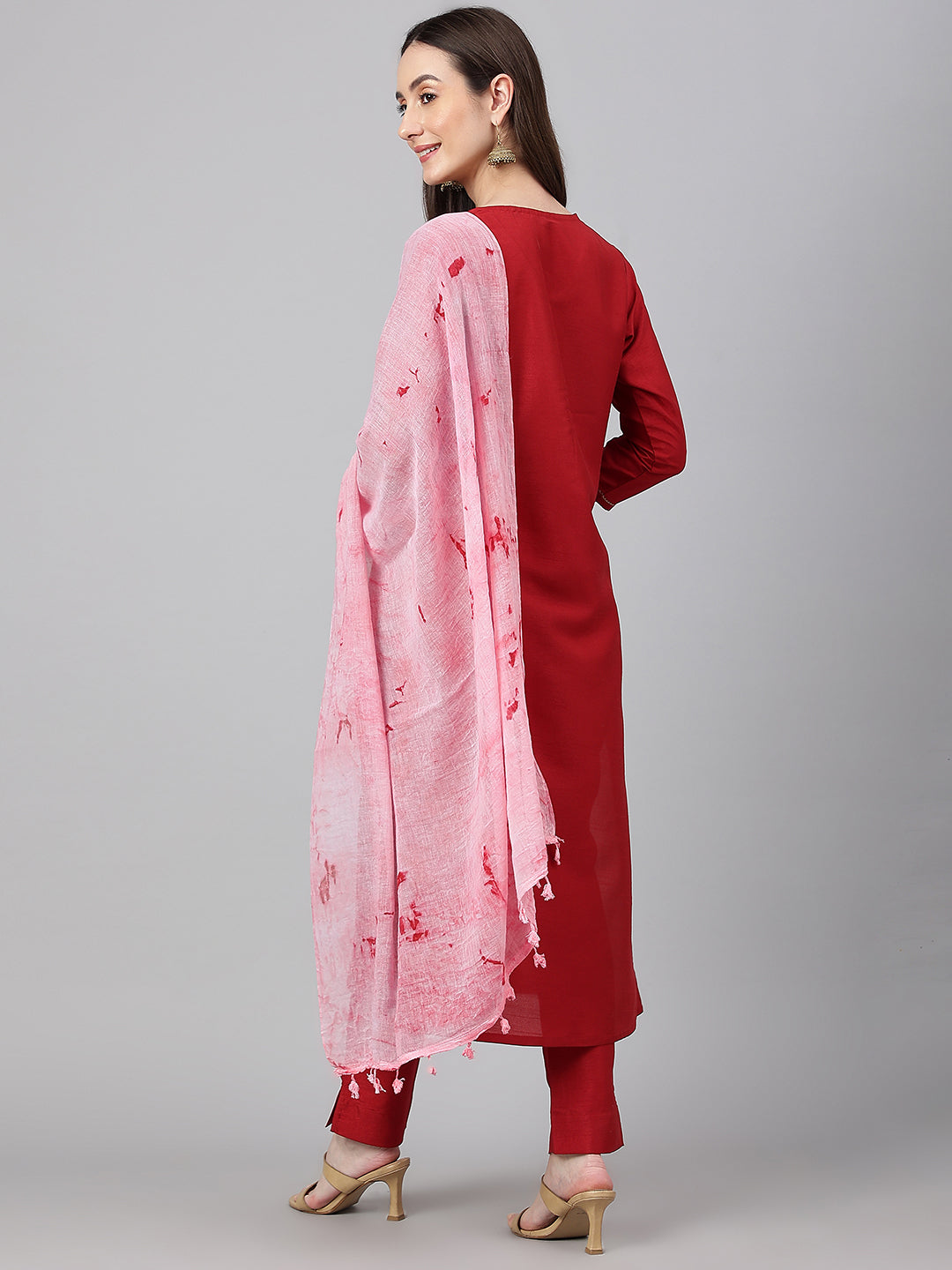 Janasya Women's Maroon Crepe Silk Solid Straight Festival Kurta Set | Swadesiicart