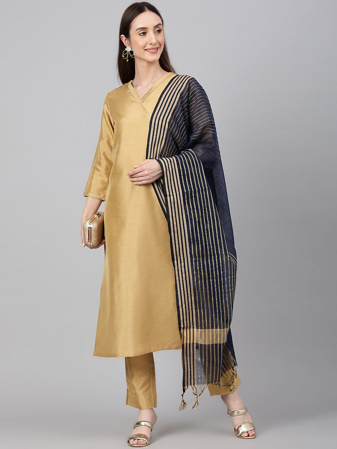 Janasya Women's Gold Crepe Silk Solid Straight Festival Kurta Set | Swadesiicart