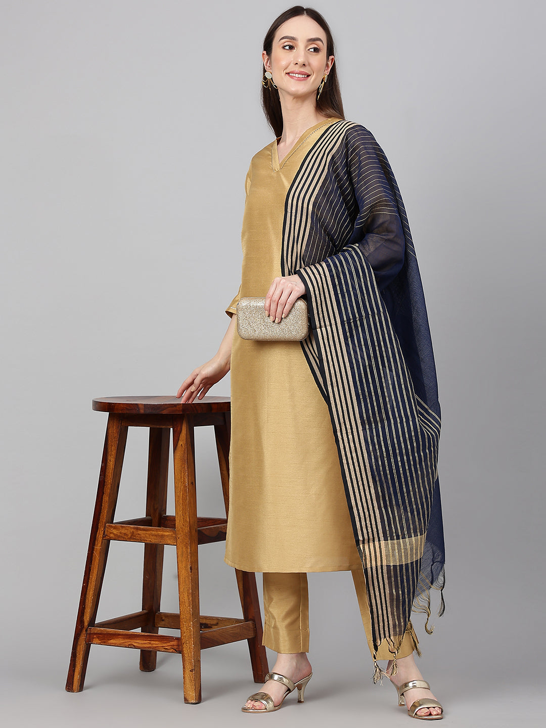 Janasya Women's Gold Crepe Silk Solid Straight Festival Kurta Set | Swadesiicart