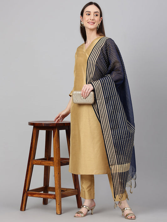 Janasya Women's Gold Crepe Silk Solid Straight Festival Kurta Set | Swadesiicart