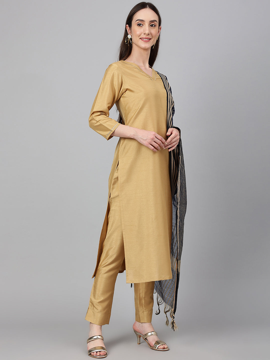 Janasya Women's Gold Crepe Silk Solid Straight Festival Kurta Set | Swadesiicart