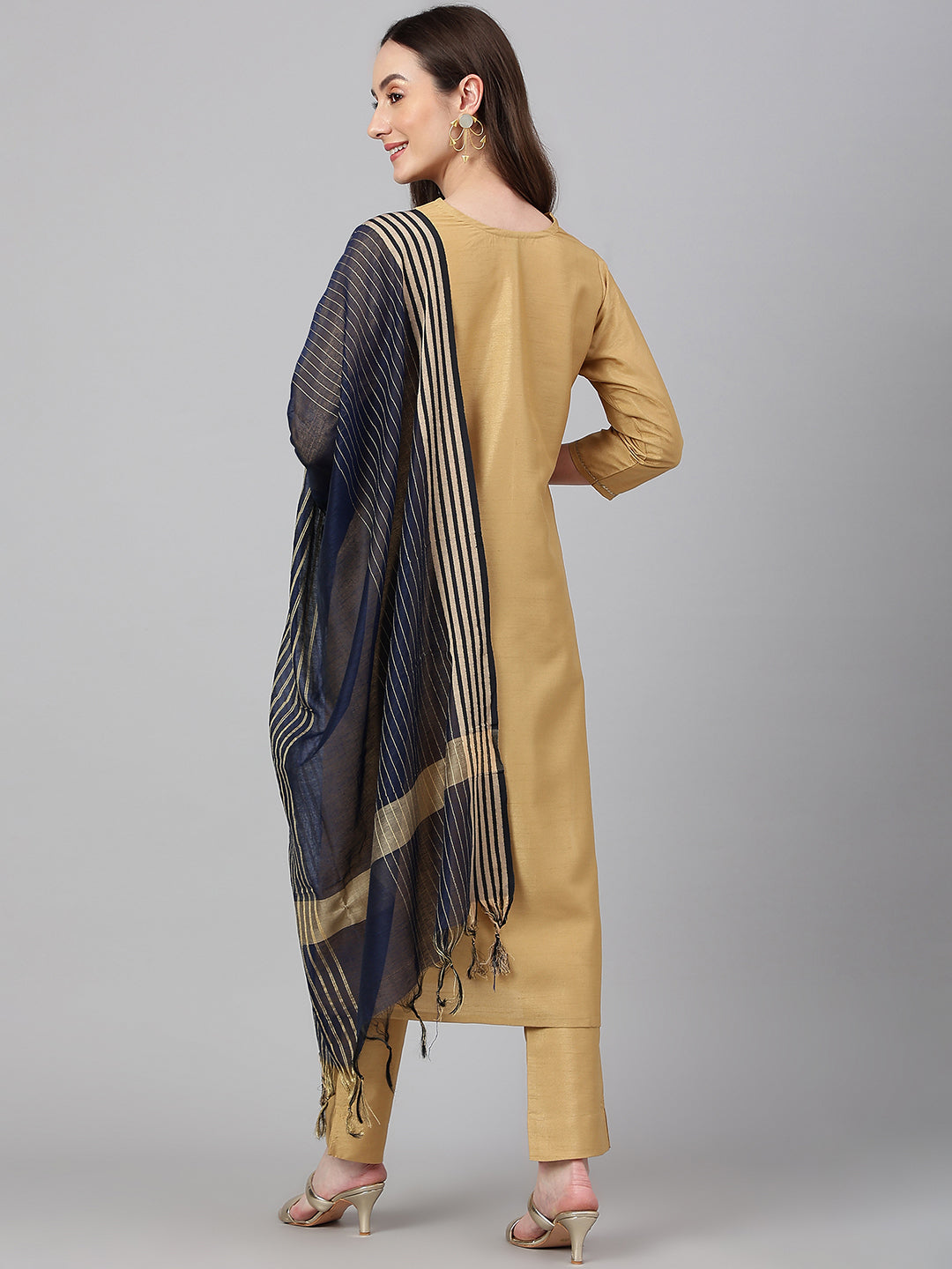 Janasya Women's Gold Crepe Silk Solid Straight Festival Kurta Set | Swadesiicart
