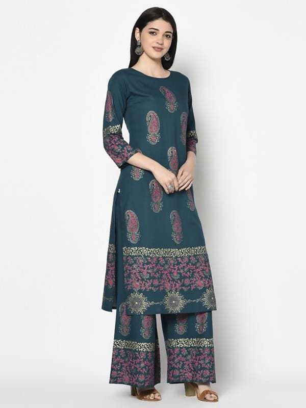 Aniyah Rayon Teal Blue Color Block Print Straight Kurta (AN-224K) - Swadesiicart