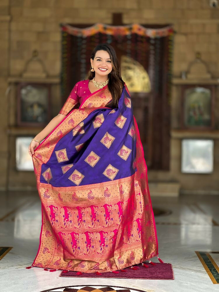 PR Fashion Violet Soft Banarasi Silk With Zari Weaving Meenakari Design Saree | Swadesiicart
