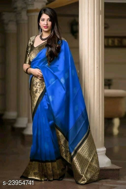 DEIANA'S Beautiful Designer Golden zari Soft Lichi Silk Saree - Royal Blue - Swadesiicart