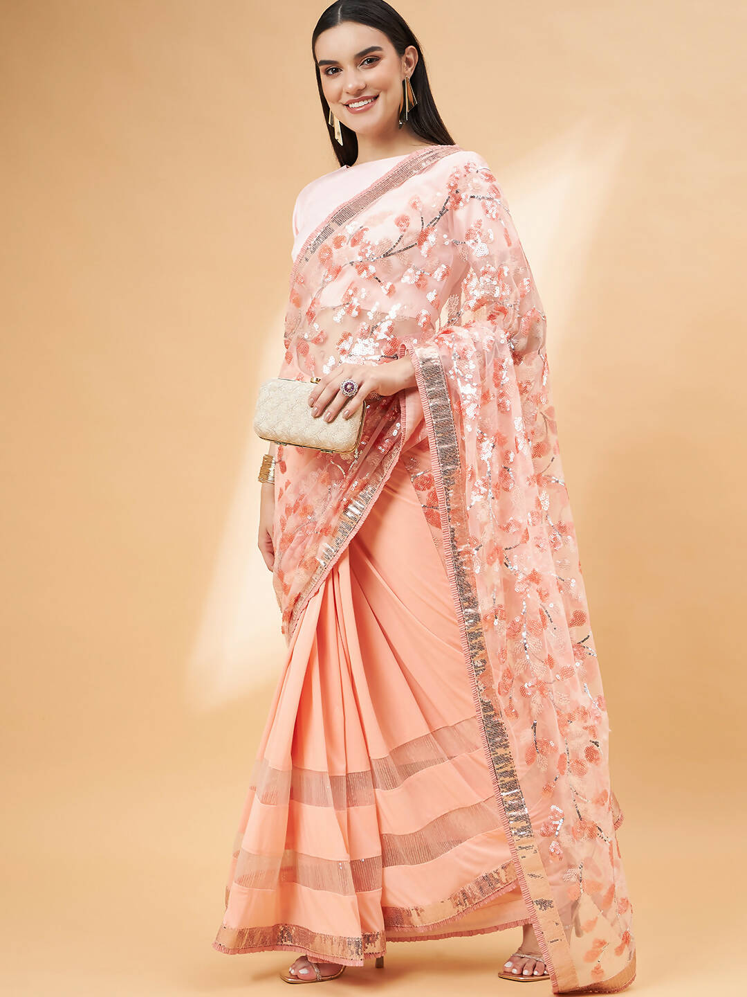 Peach Lycra Sequin Embroidery And Frills Saree - Norita Hit Design - Swadesiicart