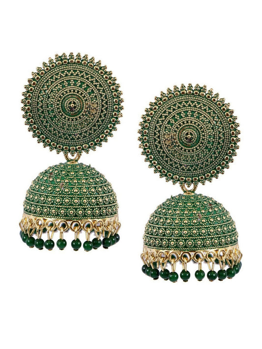 Mominos Fashion Joharkamal Gold-Polished Meenakari Jhumkas For Women & Girls (Green) - Mominos Fashion