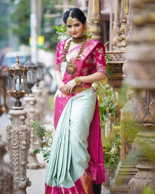 DEIANA'S Beautiful Designer Golden zari Soft Lichi Silk Saree - Pista - Swadesiicart