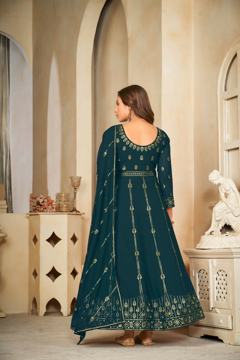 Jyoti Fashion Women's Rama Georgette Embroidered Anarkali Kurta Pant Set With Dupatta | Swadesiicart