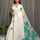 Exclusive Collection Beautiful White Green Pure Cotton Hand Print Handloom Saree With Running Blouse Piece - Swadesiicart