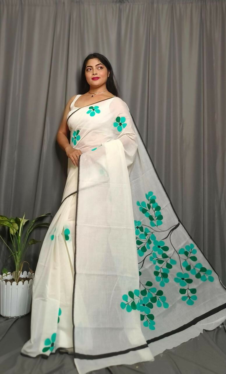 Exclusive Collection Beautiful White Green Pure Cotton Hand Print Handloom Saree With Running Blouse Piece - Swadesiicart