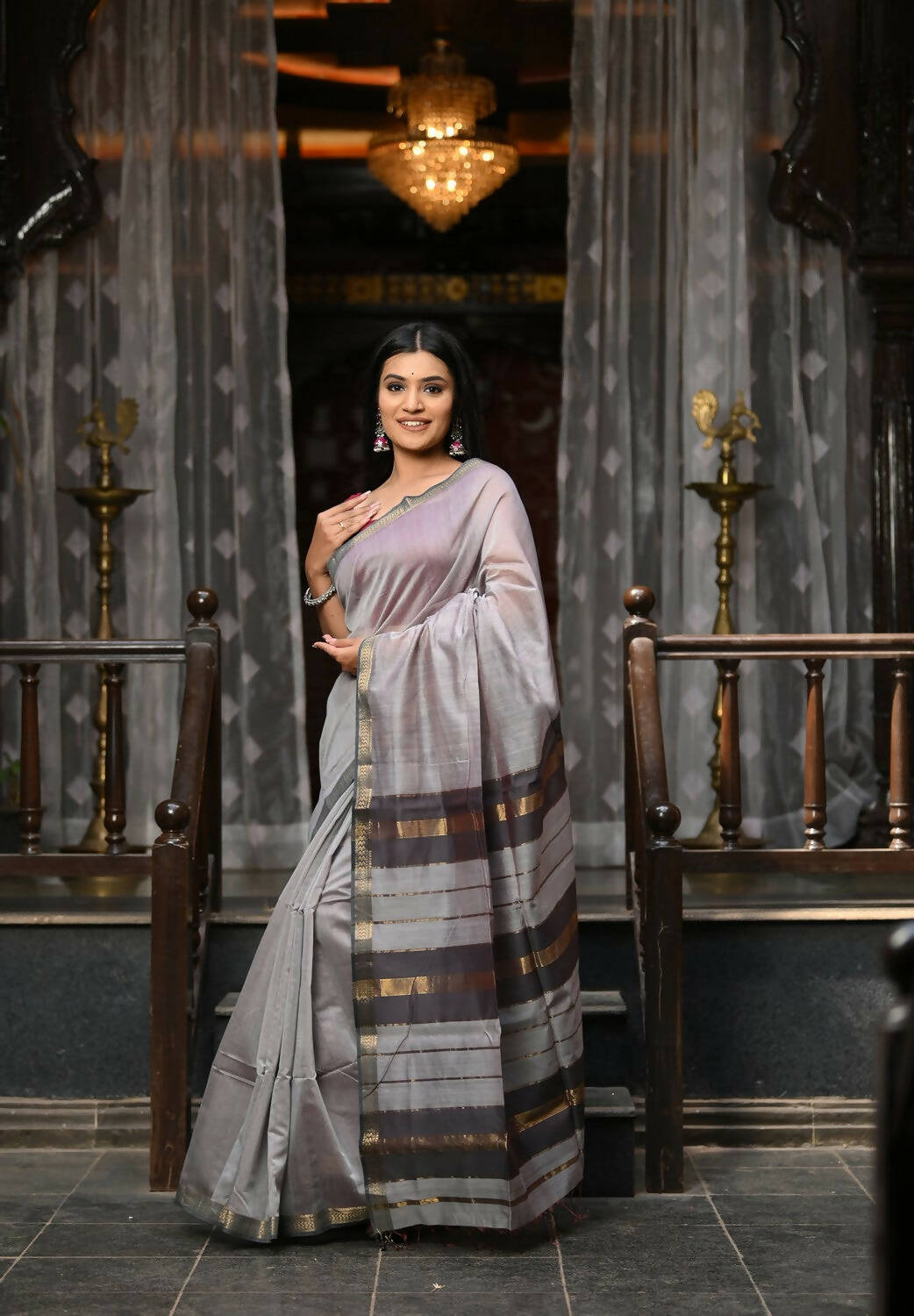 Very Much Indian VMI Exclusive Designer! Handloom Cotton Silk Saree With Sleek Golden Border - Grey Shade | Swadesiicart