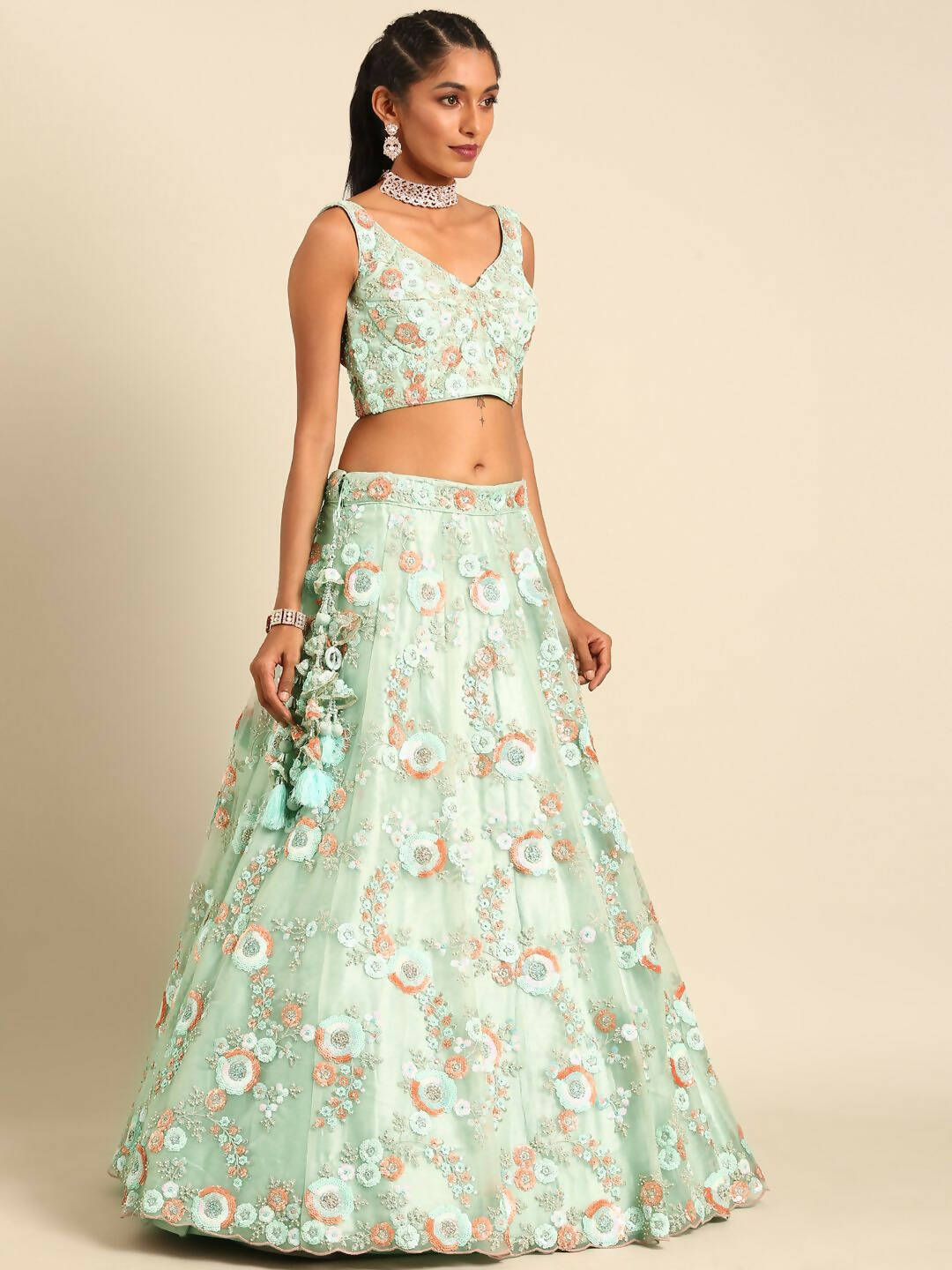 House of Panchhi Sea Green Net Sequins and Zarkan embroidery Lehenga choli & Dupatta | Swadesiicart