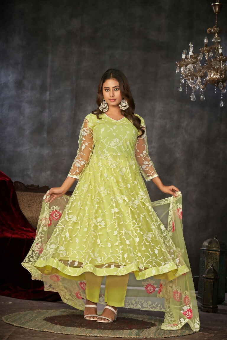 Jyoti Fashion Women's Pista Net Embroidered Anarkali Kurta Pant Set With Dupatta | Swadesiicart