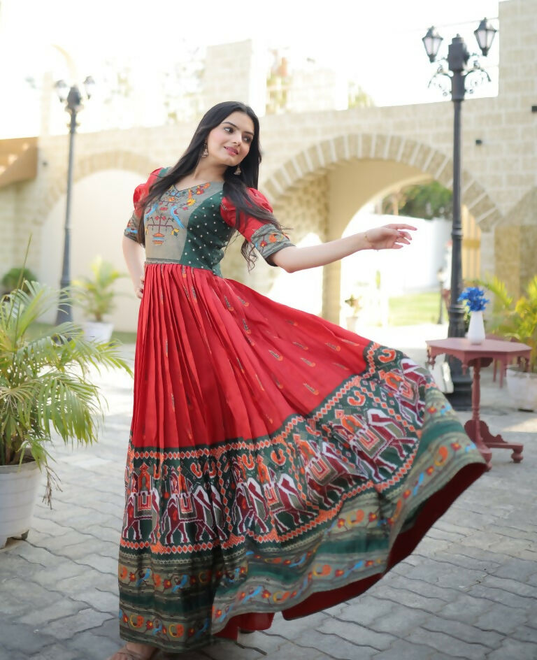 Jyoti Fashion Women's Red Patola with Foil Print Dola Silk Anarkali Dress | Swadesiicart