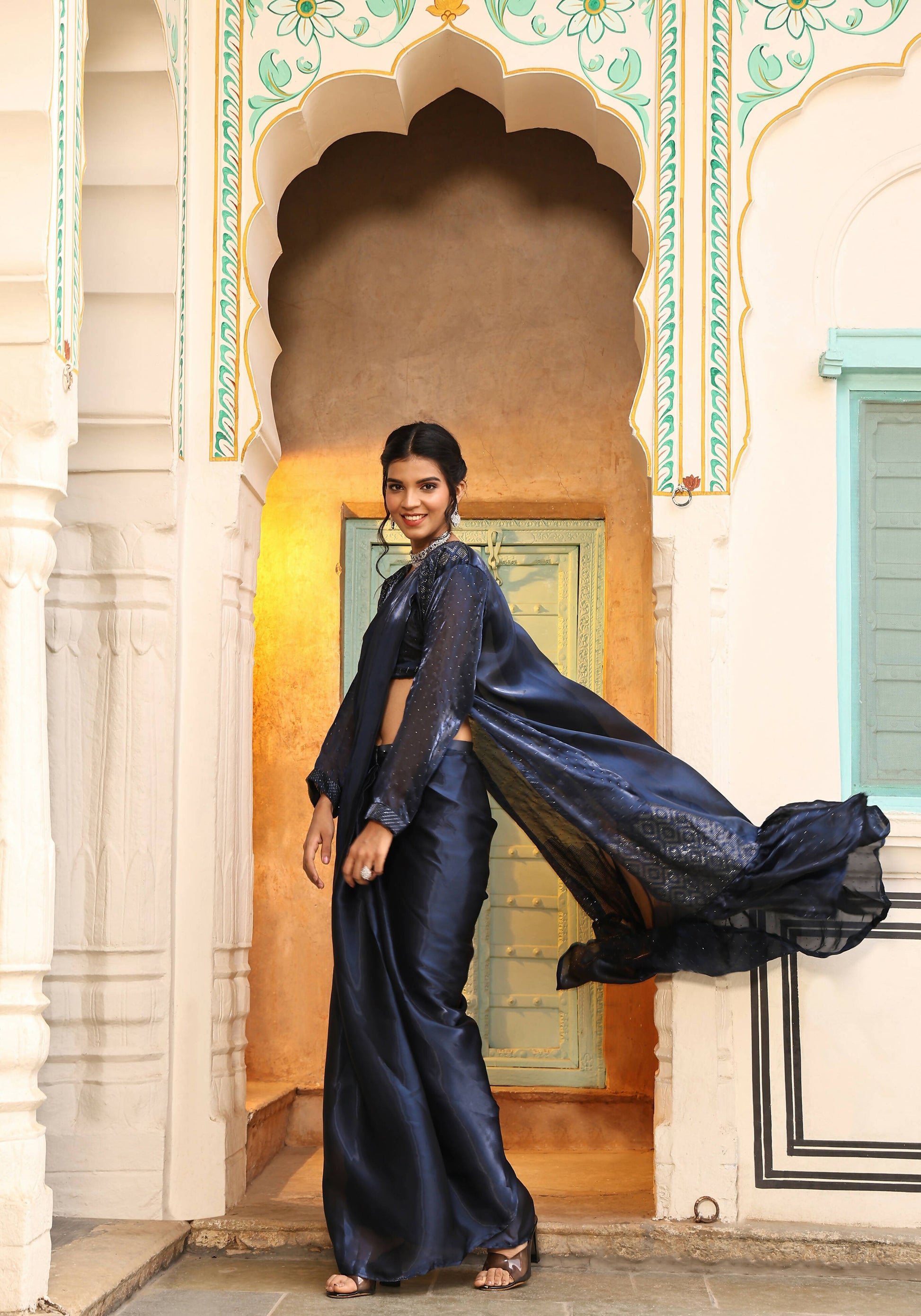 Navy Blue Tom Silk Plain Ready To Wear Saree With Stitched Blouse - Satiksha | Swadesiicart
