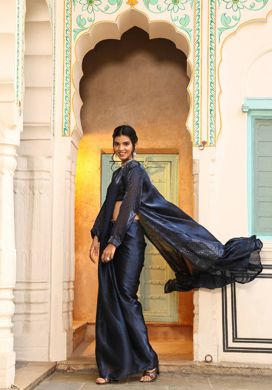 Navy Blue Tom Silk Plain Ready To Wear Saree With Stitched Blouse - Satiksha | Swadesiicart