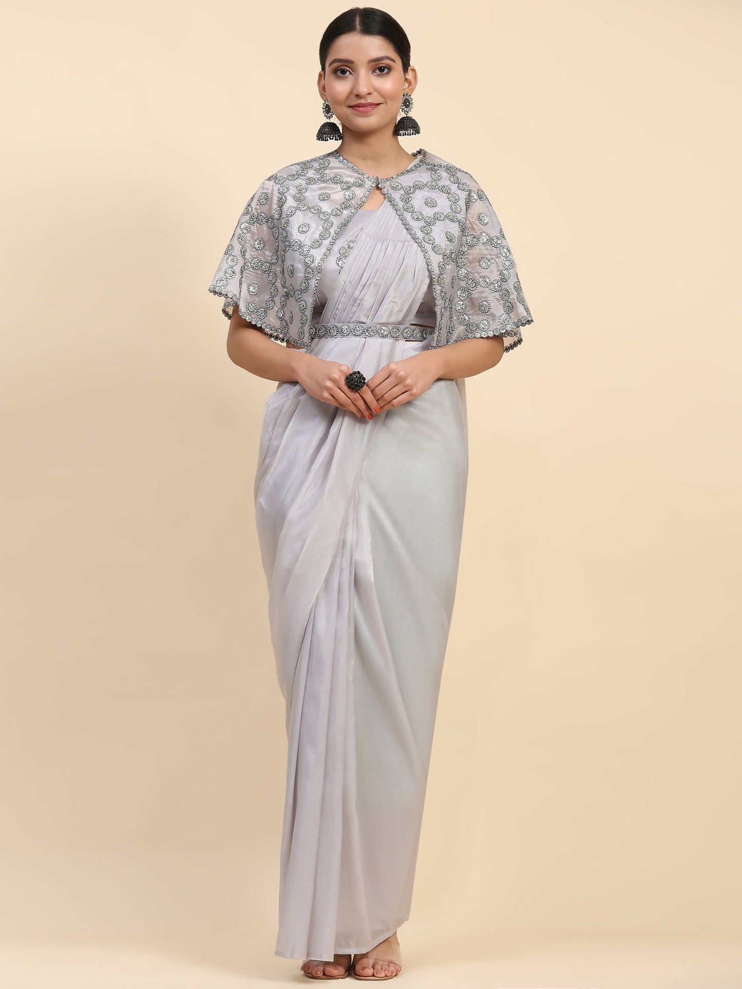 Grey Satin Solid Ready to wear Saree with stitched Blouse - Vanita | Swadesiicart