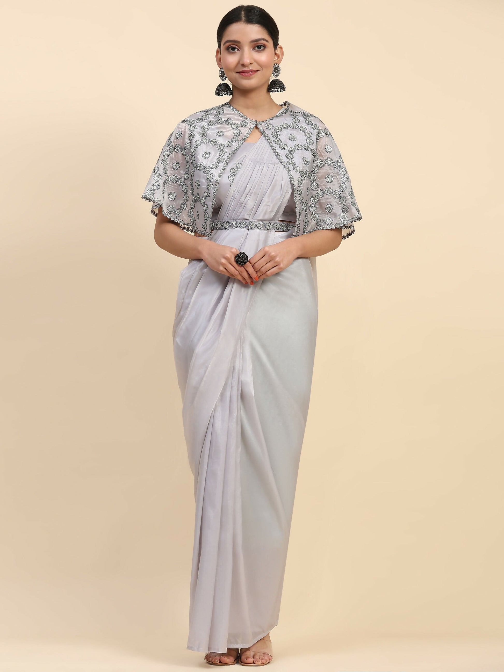 Grey Satin Solid Ready to wear Saree with stitched Blouse - Vanita | Swadesiicart
