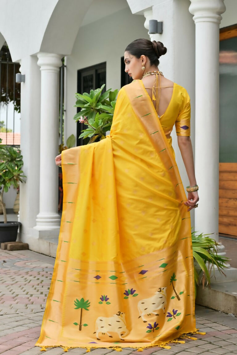 Vishnu Weaves Women's Yellow Paithani Silk Zari Woven Saree with Blouse - Swadesiicart